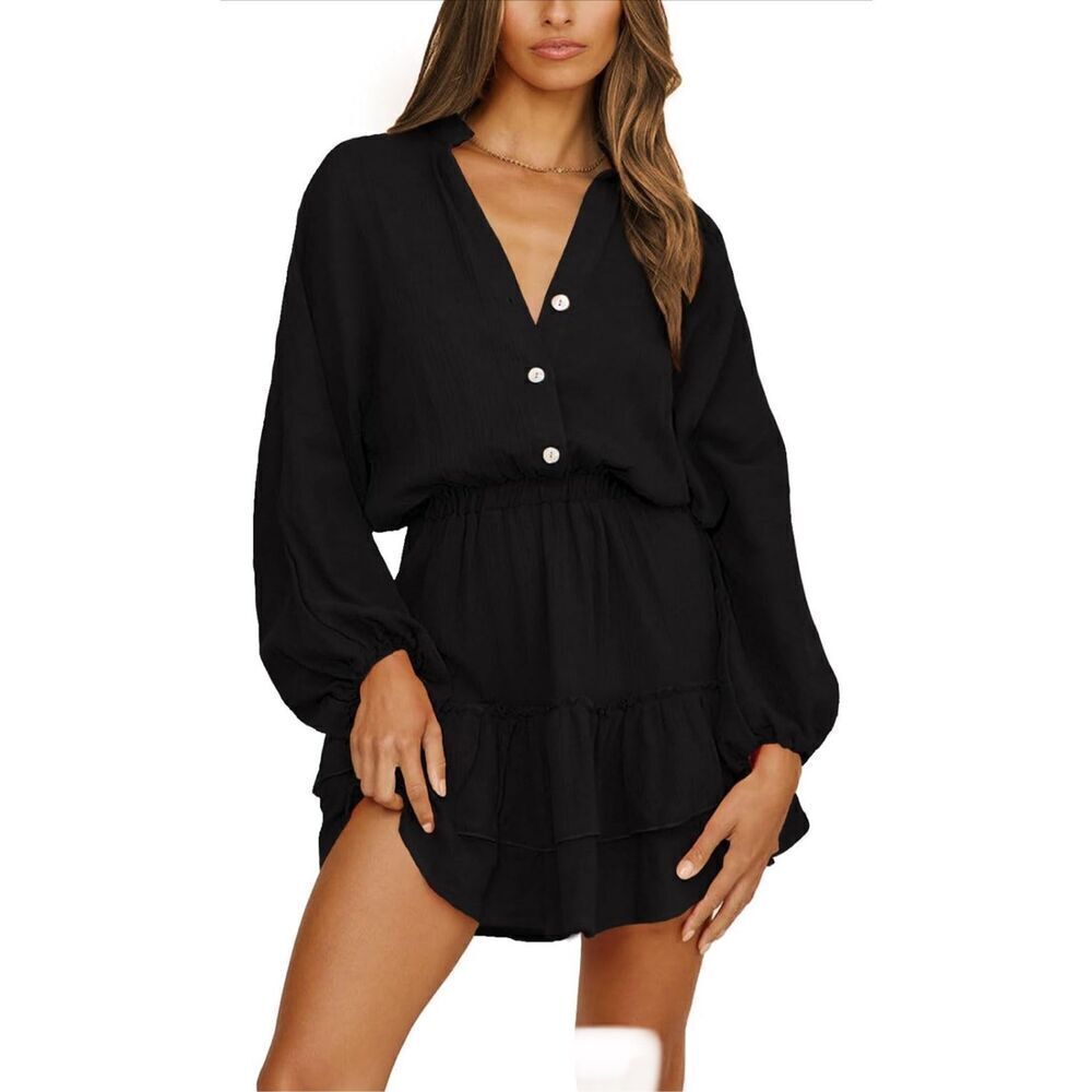 NEW Long Lantern Sleeves Mini Dress V Neck Button Down Ruffle S